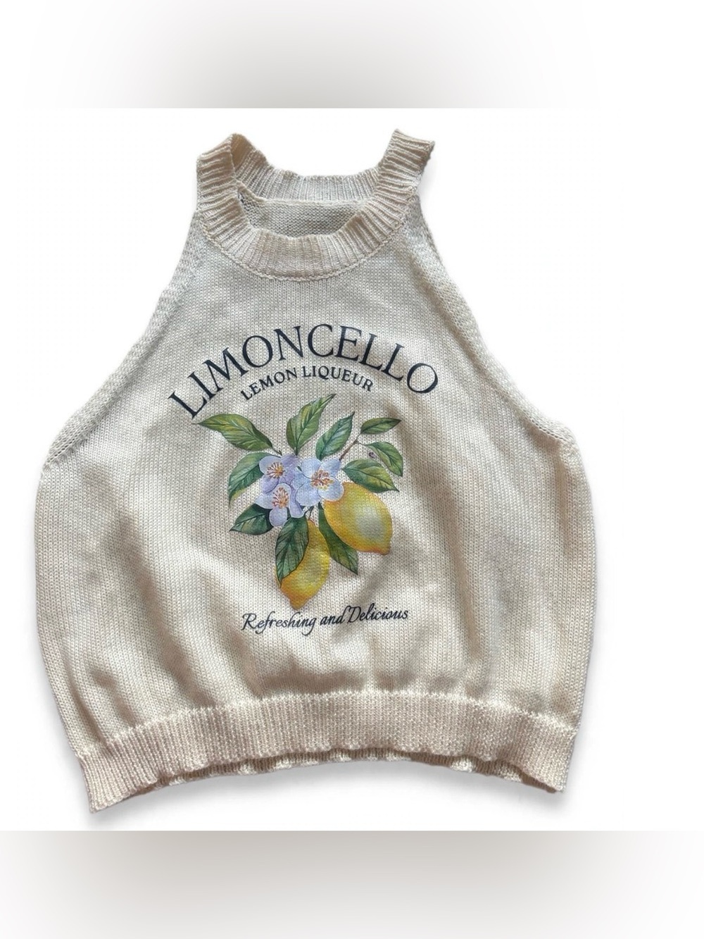 Limoncello Knit Halter Crop Top M Cream Lemon Liqueur Graphic Italian Summer Y2K
